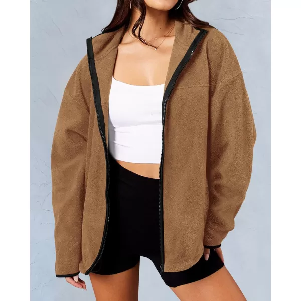 BTFBM Womens Zip Up Fleece Jackets Stand Collar 2024 Fall Winter Outerwear Casual Fuzzy Coats with PocketsKhaki