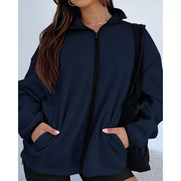 BTFBM Womens Zip Up Fleece Jackets Stand Collar 2024 Fall Winter Outerwear Casual Fuzzy Coats with PocketsNavy