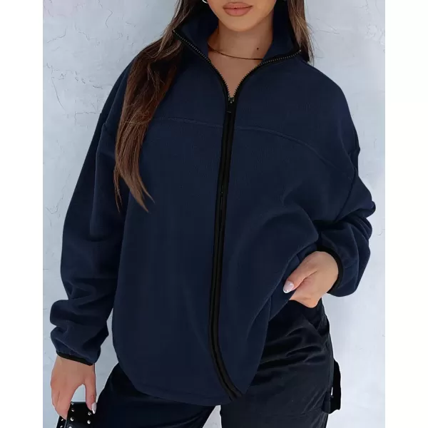 BTFBM Womens Zip Up Fleece Jackets Stand Collar 2024 Fall Winter Outerwear Casual Fuzzy Coats with PocketsNavy