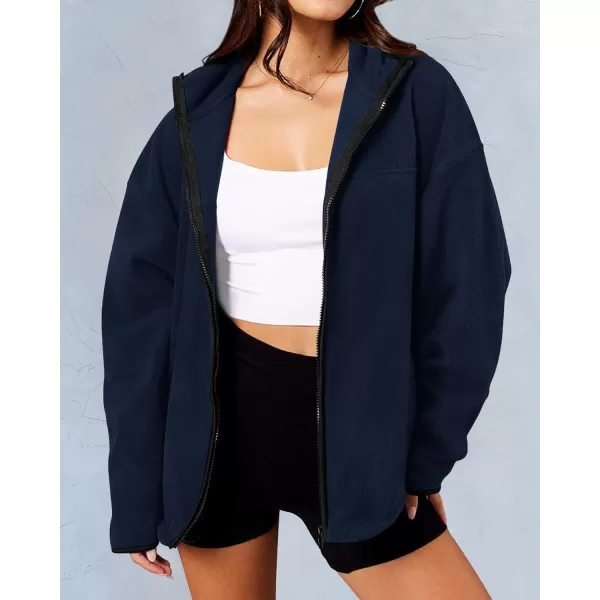 BTFBM Womens Zip Up Fleece Jackets Stand Collar 2024 Fall Winter Outerwear Casual Fuzzy Coats with PocketsNavy