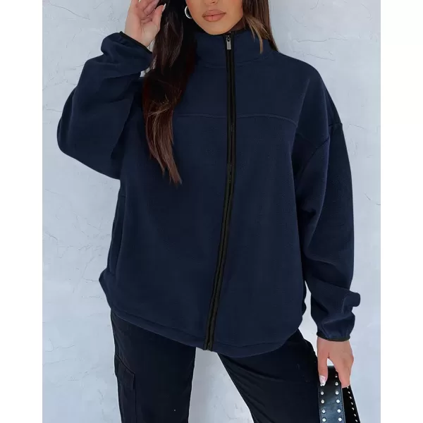 BTFBM Womens Zip Up Fleece Jackets Stand Collar 2024 Fall Winter Outerwear Casual Fuzzy Coats with PocketsNavy