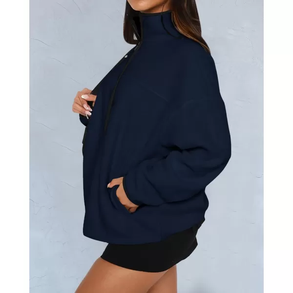 BTFBM Womens Zip Up Fleece Jackets Stand Collar 2024 Fall Winter Outerwear Casual Fuzzy Coats with PocketsNavy