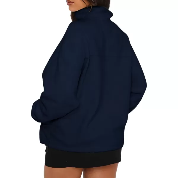 BTFBM Womens Zip Up Fleece Jackets Stand Collar 2024 Fall Winter Outerwear Casual Fuzzy Coats with PocketsNavy