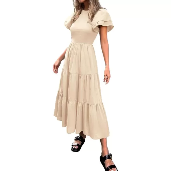 BTFBM 2024 Women Casual Summer Dresses Crewneck Flutter Short Sleeve Elastic Waist Flowy Aline Tiered Maxi Dress PocketsSolid Beige