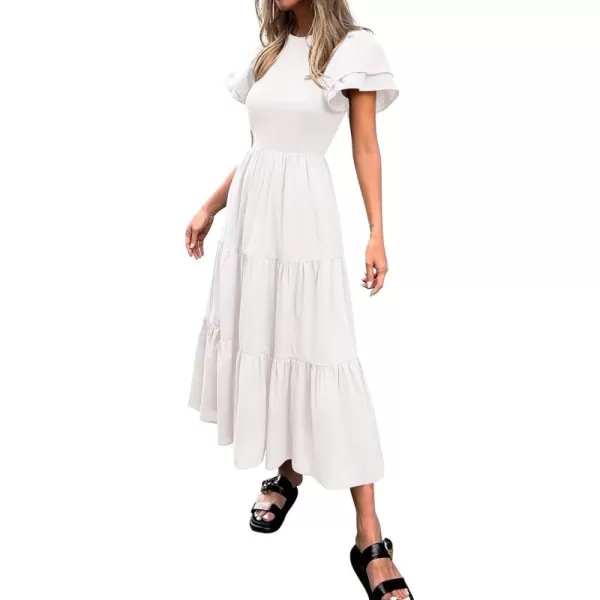 BTFBM 2024 Women Casual Summer Dresses Crewneck Flutter Short Sleeve Elastic Waist Flowy Aline Tiered Maxi Dress PocketsSolid Beige White