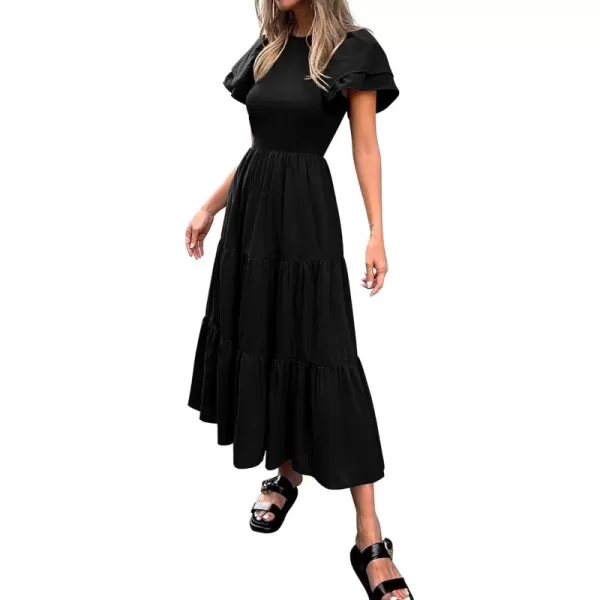 BTFBM 2024 Women Casual Summer Dresses Crewneck Flutter Short Sleeve Elastic Waist Flowy Aline Tiered Maxi Dress PocketsSolid Black