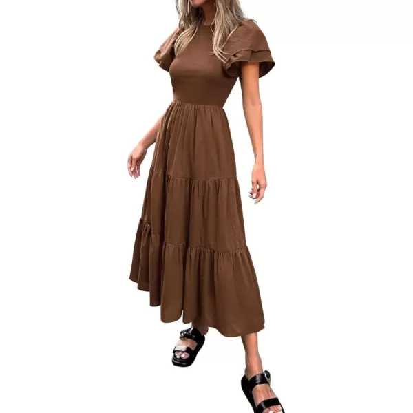 BTFBM 2024 Women Casual Summer Dresses Crewneck Flutter Short Sleeve Elastic Waist Flowy Aline Tiered Maxi Dress PocketsSolid Brown