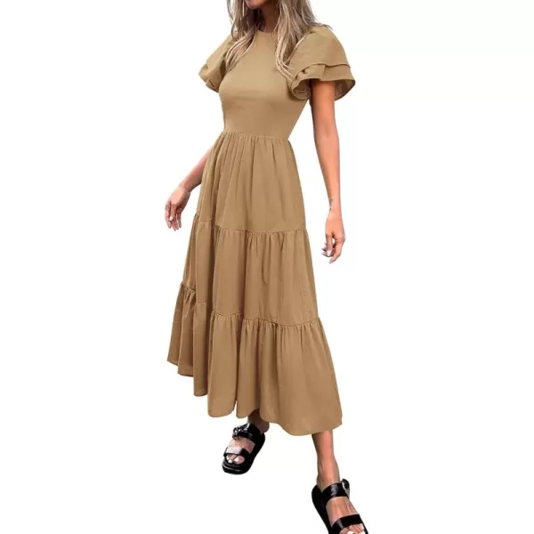 BTFBM 2024 Women Casual Summer Dresses Crewneck Flutter Short Sleeve Elastic Waist Flowy Aline Tiered Maxi Dress PocketsSolid Khaki
