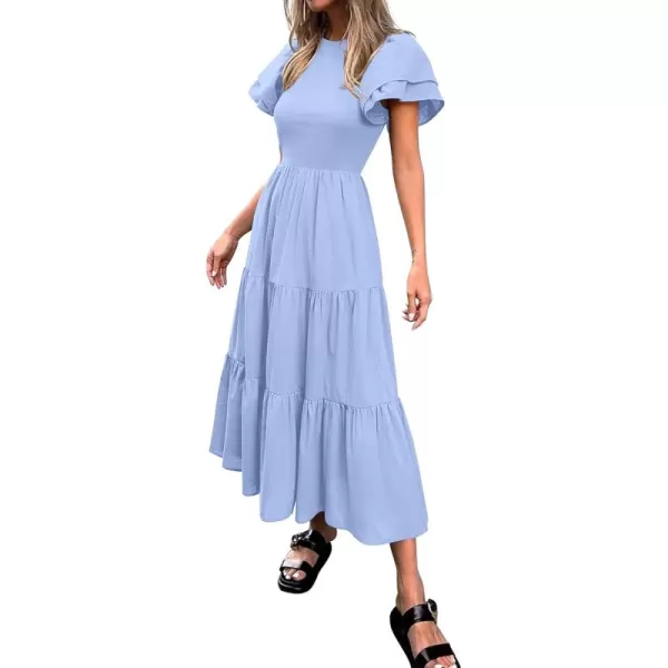 BTFBM 2024 Women Casual Summer Dresses Crewneck Flutter Short Sleeve Elastic Waist Flowy Aline Tiered Maxi Dress PocketsSolid Light Blue