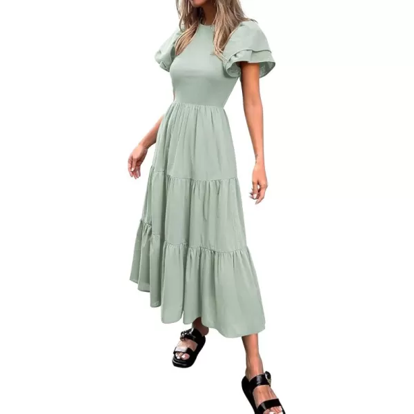 BTFBM 2024 Women Casual Summer Dresses Crewneck Flutter Short Sleeve Elastic Waist Flowy Aline Tiered Maxi Dress PocketsSolid Light Green