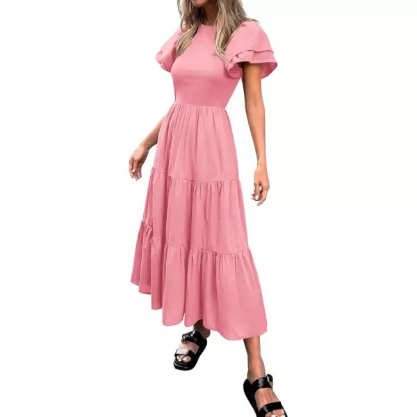 BTFBM 2024 Women Casual Summer Dresses Crewneck Flutter Short Sleeve Elastic Waist Flowy Aline Tiered Maxi Dress PocketsSolid Pink