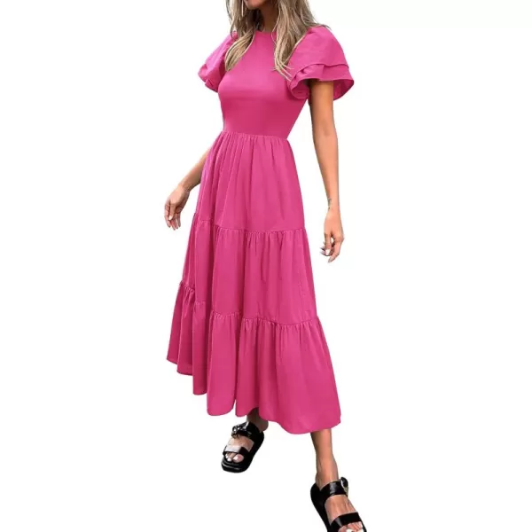 BTFBM 2024 Women Casual Summer Dresses Crewneck Flutter Short Sleeve Elastic Waist Flowy Aline Tiered Maxi Dress PocketsSolid Rose Red