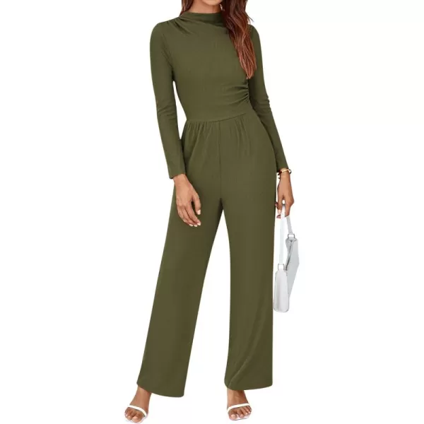 BTFBM Jumpsuits For Women Dressy Mock Neck Long Sleeve Ruched Ribbed Long Pants Rompers Casual Fall One Piece JumpsuitSolid Army Green