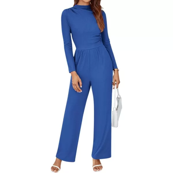 BTFBM Jumpsuits For Women Dressy Mock Neck Long Sleeve Ruched Ribbed Long Pants Rompers Casual Fall One Piece JumpsuitSolid Blue