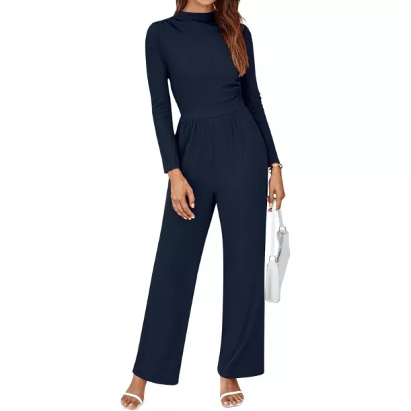 BTFBM Jumpsuits For Women Dressy Mock Neck Long Sleeve Ruched Ribbed Long Pants Rompers Casual Fall One Piece JumpsuitSolid Navy