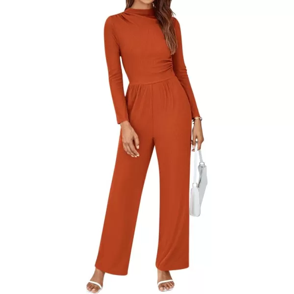 BTFBM Jumpsuits For Women Dressy Mock Neck Long Sleeve Ruched Ribbed Long Pants Rompers Casual Fall One Piece JumpsuitSolid Orange