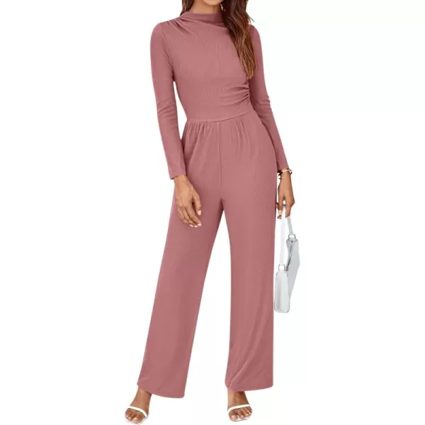 BTFBM Jumpsuits For Women Dressy Mock Neck Long Sleeve Ruched Ribbed Long Pants Rompers Casual Fall One Piece JumpsuitSolid Pink