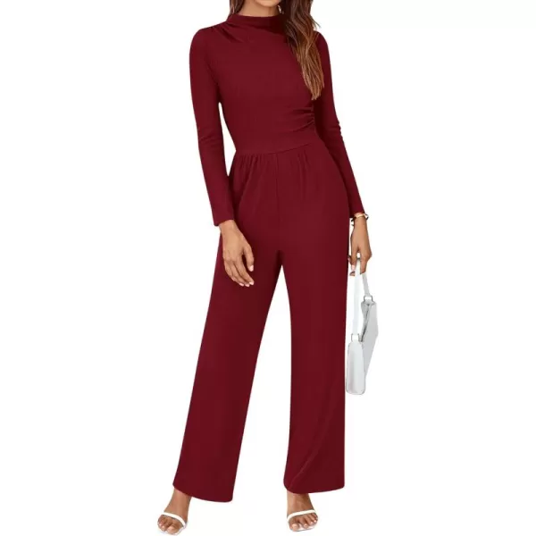 BTFBM Jumpsuits For Women Dressy Mock Neck Long Sleeve Ruched Ribbed Long Pants Rompers Casual Fall One Piece JumpsuitSolid Wine Red
