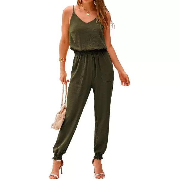 BTFBM Jumpsuits For Women Summer Casual Sleeveless Spaghetti Strap Long Pants Rompers Elastic Waist One Piece JumpsuitSolid Army Green