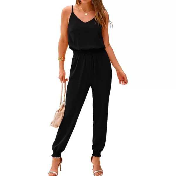 BTFBM Jumpsuits For Women Summer Casual Sleeveless Spaghetti Strap Long Pants Rompers Elastic Waist One Piece JumpsuitSolid Black