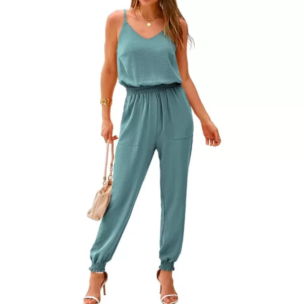 BTFBM Jumpsuits For Women Summer Casual Sleeveless Spaghetti Strap Long Pants Rompers Elastic Waist One Piece JumpsuitSolid Blue Green