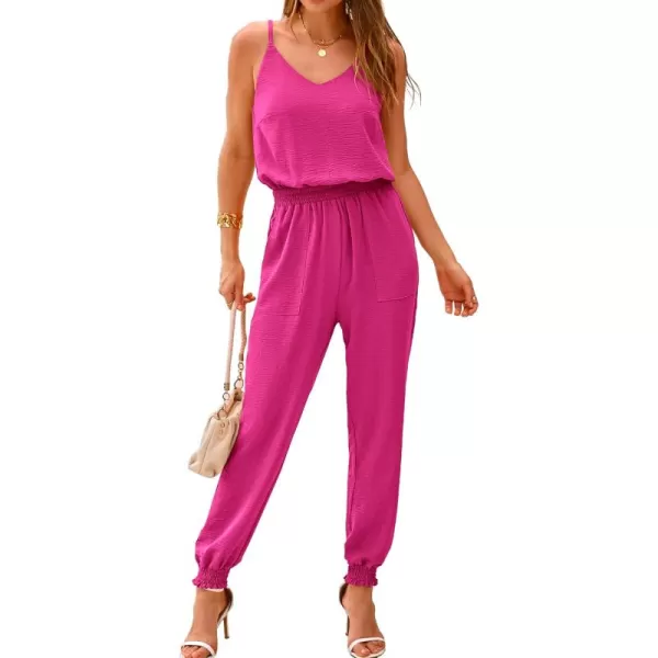 BTFBM Jumpsuits For Women Summer Casual Sleeveless Spaghetti Strap Long Pants Rompers Elastic Waist One Piece JumpsuitSolid Rose Red