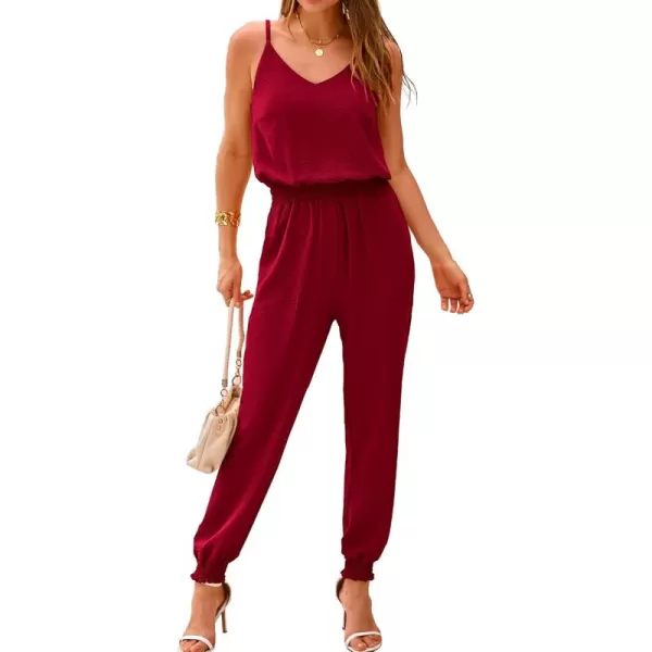 BTFBM Jumpsuits For Women Summer Casual Sleeveless Spaghetti Strap Long Pants Rompers Elastic Waist One Piece JumpsuitSolid Wine Red