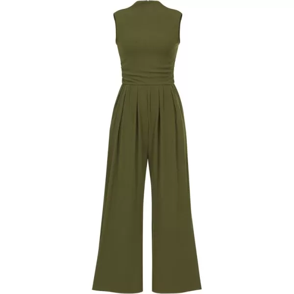 BTFBM One Piece Jumpsuits For Women Dressy Casual Summer Outfits Sleeveless Mock Neck Wide Leg Pants Rompers With PocketSolid Army Green