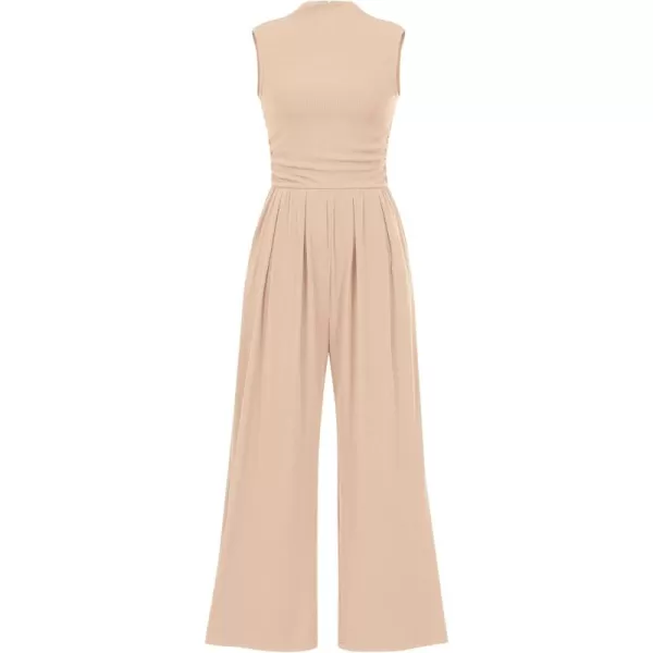 BTFBM One Piece Jumpsuits For Women Dressy Casual Summer Outfits Sleeveless Mock Neck Wide Leg Pants Rompers With PocketSolid Beige