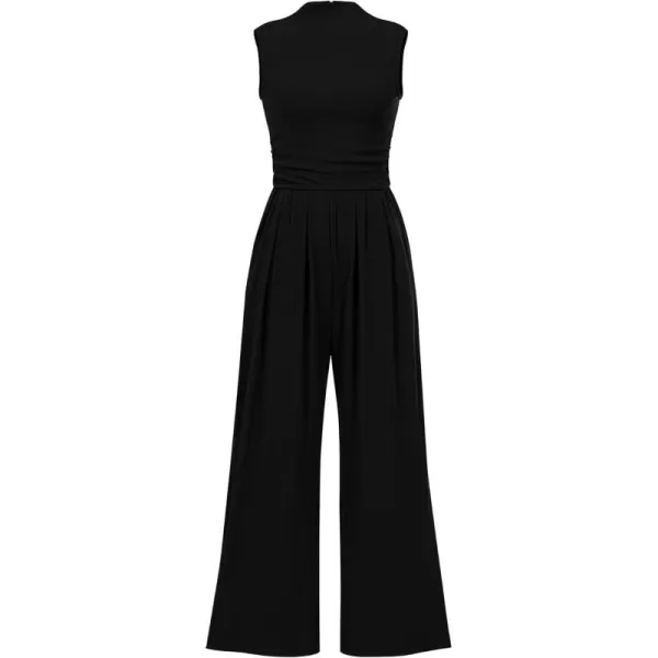 BTFBM One Piece Jumpsuits For Women Dressy Casual Summer Outfits Sleeveless Mock Neck Wide Leg Pants Rompers With PocketSolid Black