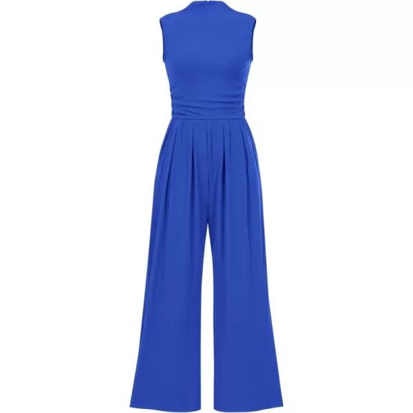 BTFBM One Piece Jumpsuits For Women Dressy Casual Summer Outfits Sleeveless Mock Neck Wide Leg Pants Rompers With PocketSolid Blue
