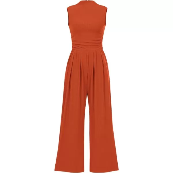 BTFBM One Piece Jumpsuits For Women Dressy Casual Summer Outfits Sleeveless Mock Neck Wide Leg Pants Rompers With PocketSolid Brick Red
