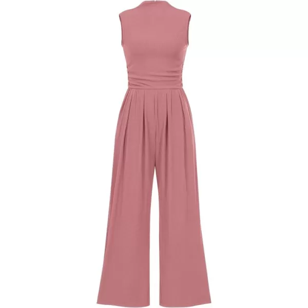 BTFBM One Piece Jumpsuits For Women Dressy Casual Summer Outfits Sleeveless Mock Neck Wide Leg Pants Rompers With PocketSolid Dusty Pink