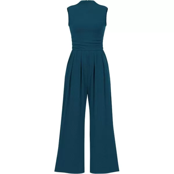 BTFBM One Piece Jumpsuits For Women Dressy Casual Summer Outfits Sleeveless Mock Neck Wide Leg Pants Rompers With PocketSolid Lake Blue