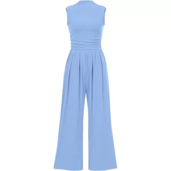 BTFBM One Piece Jumpsuits For Women Dressy Casual Summer Outfits Sleeveless Mock Neck Wide Leg Pants Rompers With PocketSolid Light Blue