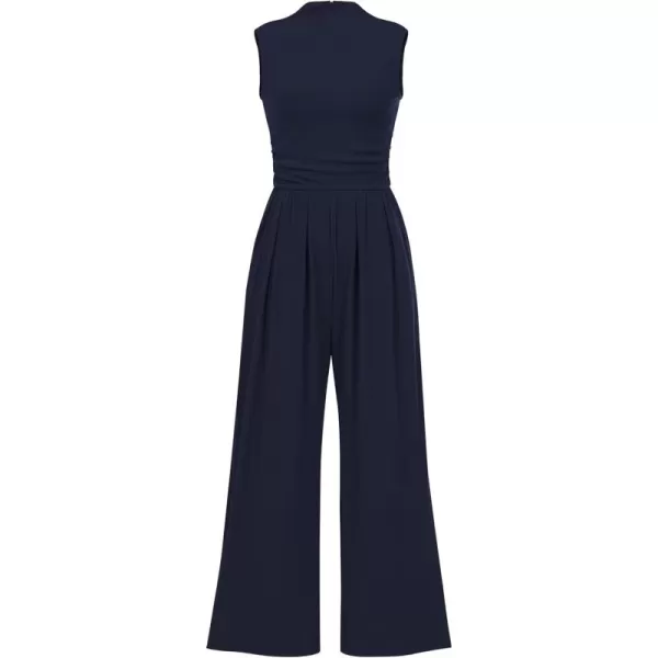 BTFBM One Piece Jumpsuits For Women Dressy Casual Summer Outfits Sleeveless Mock Neck Wide Leg Pants Rompers With PocketSolid Navy