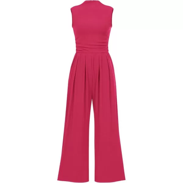 BTFBM One Piece Jumpsuits For Women Dressy Casual Summer Outfits Sleeveless Mock Neck Wide Leg Pants Rompers With PocketSolid Rose Red