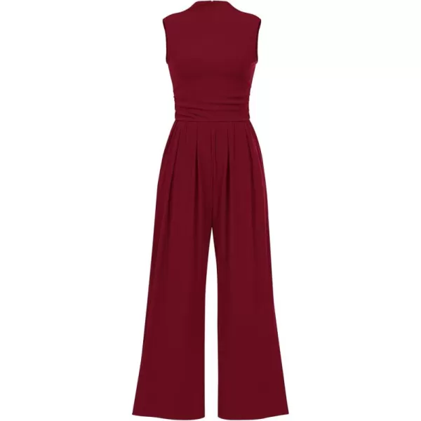 BTFBM One Piece Jumpsuits For Women Dressy Casual Summer Outfits Sleeveless Mock Neck Wide Leg Pants Rompers With PocketSolid Wine Red