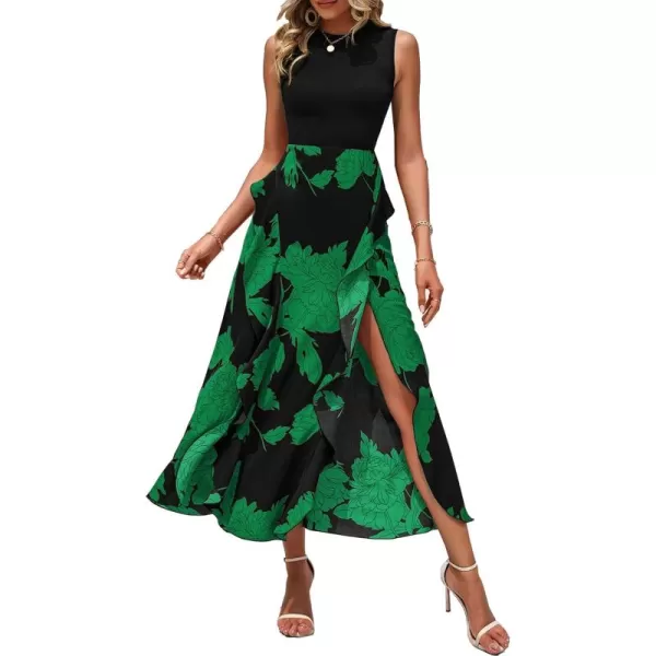BTFBM Women Casual Sleeveless Summer Dresses 2024 Spring Crewneck Patchwork Boho Floral Ruffle Cocktail Party Midi DressBig Floral Green