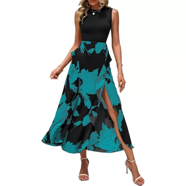 BTFBM Women Casual Sleeveless Summer Dresses 2024 Spring Crewneck Patchwork Boho Floral Ruffle Cocktail Party Midi DressBig Floral Lake Blue