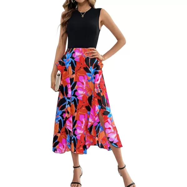 BTFBM Women Casual Sleeveless Summer Dresses 2024 Spring Crewneck Patchwork Boho Floral Ruffle Cocktail Party Midi DressBig Floral Multicolor