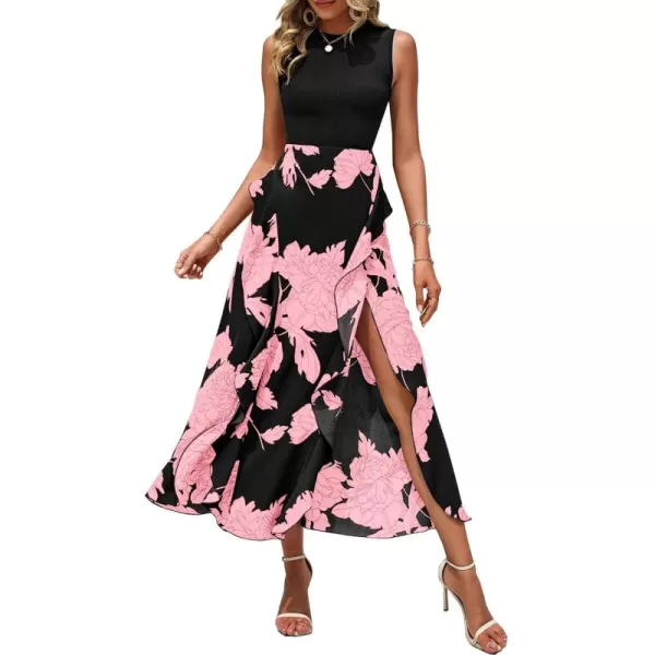 BTFBM Women Casual Sleeveless Summer Dresses 2024 Spring Crewneck Patchwork Boho Floral Ruffle Cocktail Party Midi DressBig Floral Pink