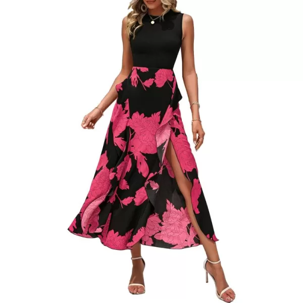 BTFBM Women Casual Sleeveless Summer Dresses 2024 Spring Crewneck Patchwork Boho Floral Ruffle Cocktail Party Midi DressBig Floral Rose Red