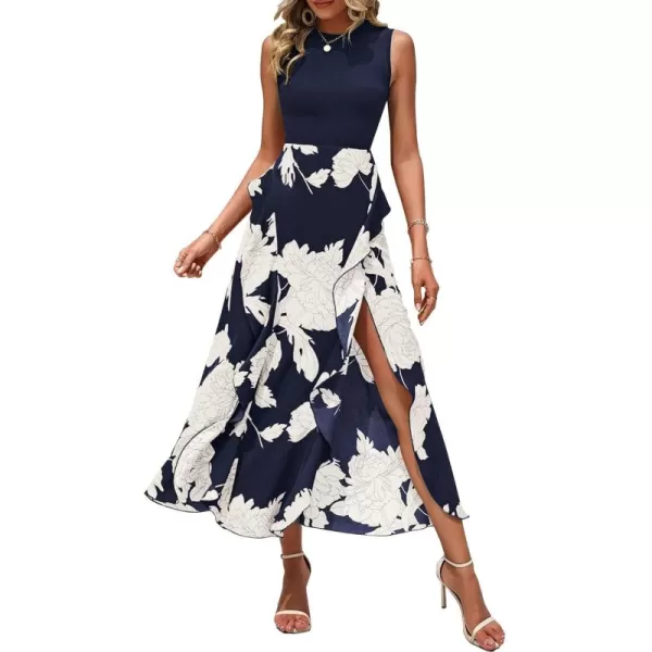 BTFBM Women Casual Sleeveless Summer Dresses 2024 Spring Crewneck Patchwork Boho Floral Ruffle Cocktail Party Midi DressBig Floral White Navy