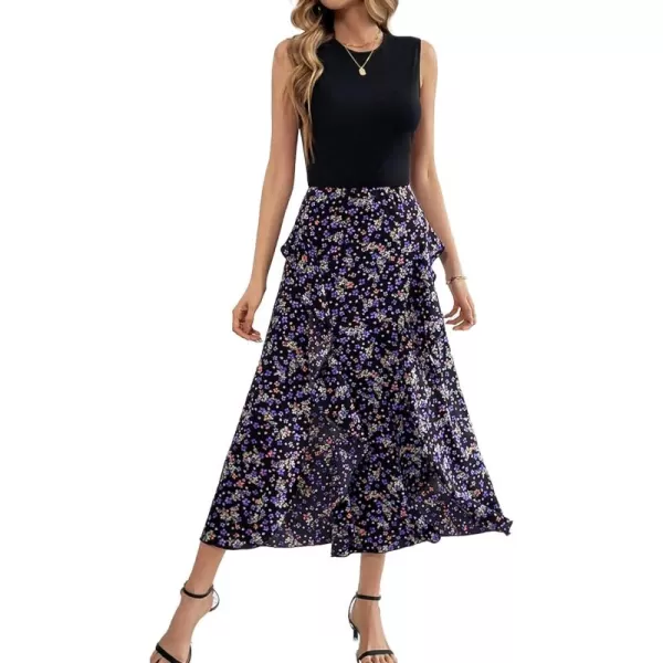 BTFBM Women Casual Sleeveless Summer Dresses 2024 Spring Crewneck Patchwork Boho Floral Ruffle Cocktail Party Midi DressFloral Purple