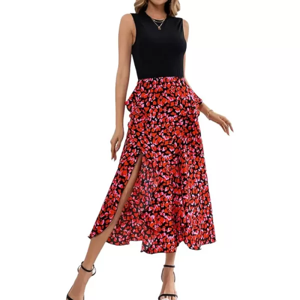 BTFBM Women Casual Sleeveless Summer Dresses 2024 Spring Crewneck Patchwork Boho Floral Ruffle Cocktail Party Midi DressFloral Red