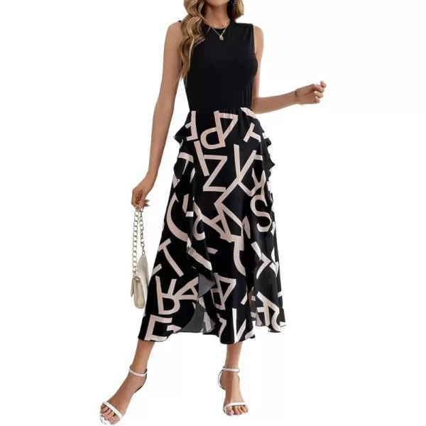 BTFBM Women Casual Sleeveless Summer Dresses 2024 Spring Crewneck Patchwork Boho Floral Ruffle Cocktail Party Midi DressLetter White