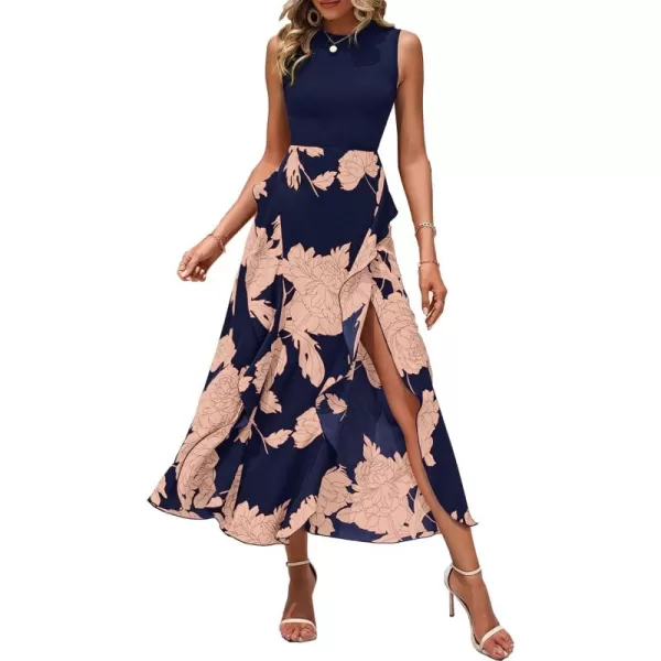 BTFBM Women Casual Sleeveless Summer Dresses 2024 Spring Crewneck Patchwork Boho Floral Ruffle Cocktail Party Midi DressPink Floral Navy
