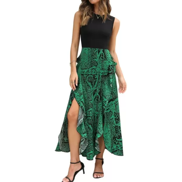 BTFBM Women Casual Sleeveless Summer Dresses 2024 Spring Crewneck Patchwork Boho Floral Ruffle Cocktail Party Midi DressPrint Black Green