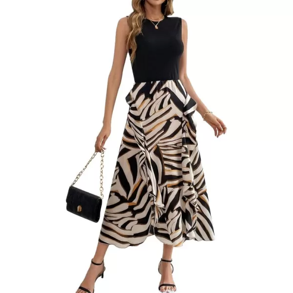BTFBM Women Casual Sleeveless Summer Dresses 2024 Spring Crewneck Patchwork Boho Floral Ruffle Cocktail Party Midi DressStriped